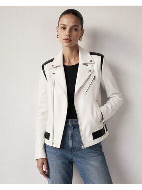 VEDA Baby Jane White Leather Moto Jacket Zip-Off Sleeves Vest Size S